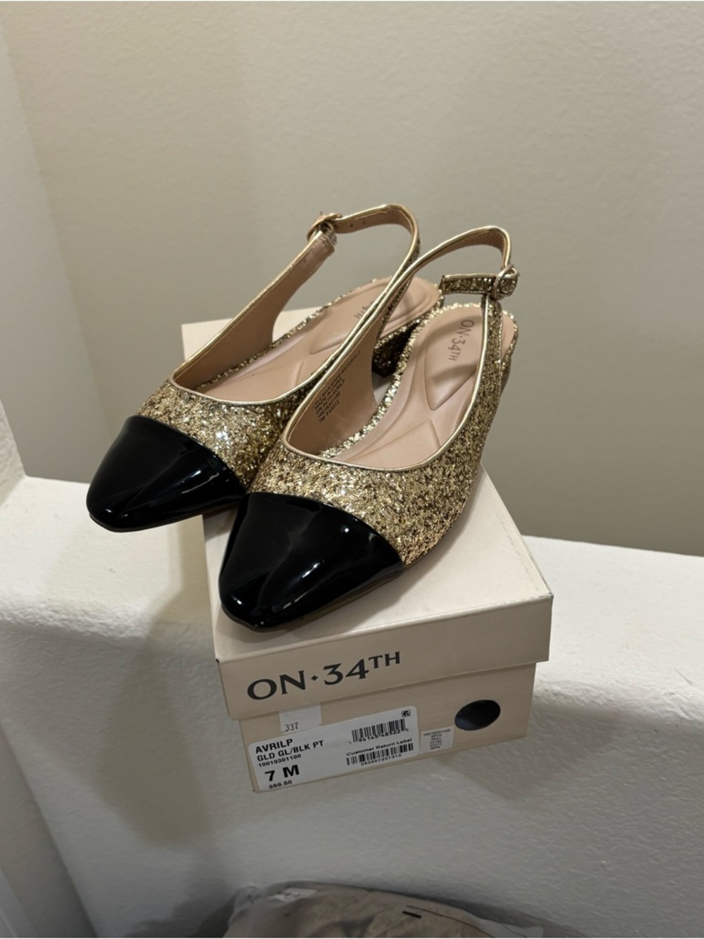 On •34th - Gold Glitter Slingback Flats with Black Patent Toe